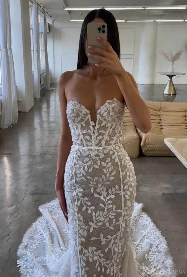 Strapless Sparkly Mermaid Wedding Dress Meadow Lace Boho Bridal Gown Sweetheart Neckline ML113-wedding dresses 2025 -Viniodress-Nude-Custom Size-