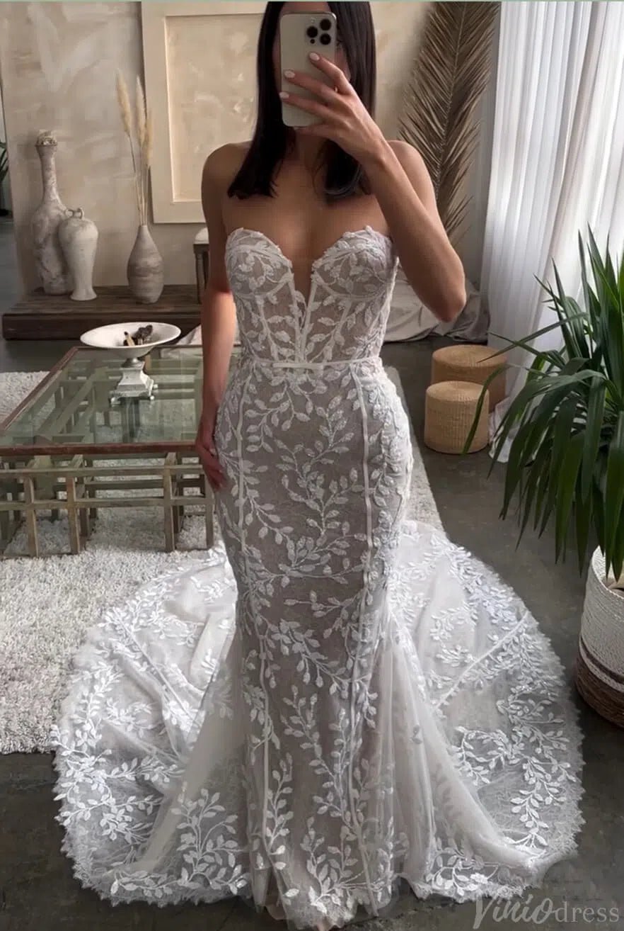 Strapless Sparkly Mermaid Wedding Dress Meadow Lace Boho Bridal Gown Sweetheart Neckline ML113-wedding dresses 2025 -Viniodress-Nude-Custom Size-