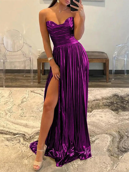 Strapless Sparkly Satin Prom Dresses 2025 Sweetheart Neck Formal Gown with Slit - FD5125-prom dresses 2025 -Viniodress-Purple-Custom Size-