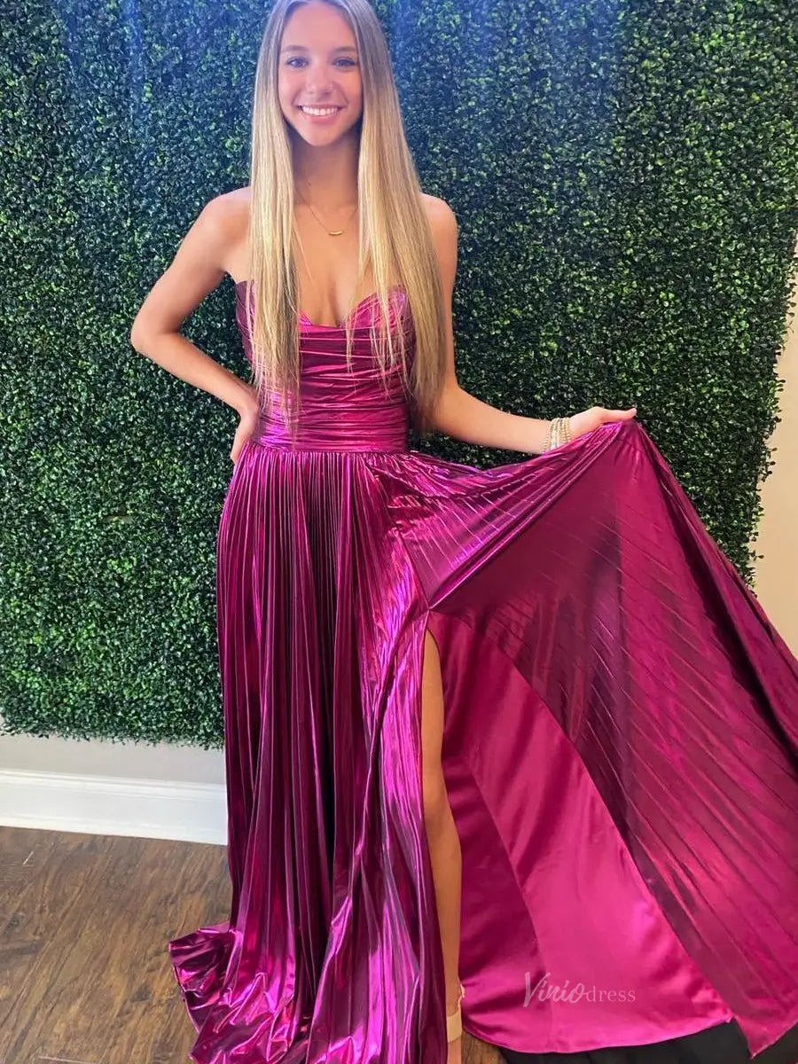 Strapless Sparkly Satin Prom Dresses 2025 Sweetheart Neck Formal Gown with Slit - FD5125-prom dresses 2025 -Viniodress-Magenta-Custom Size-