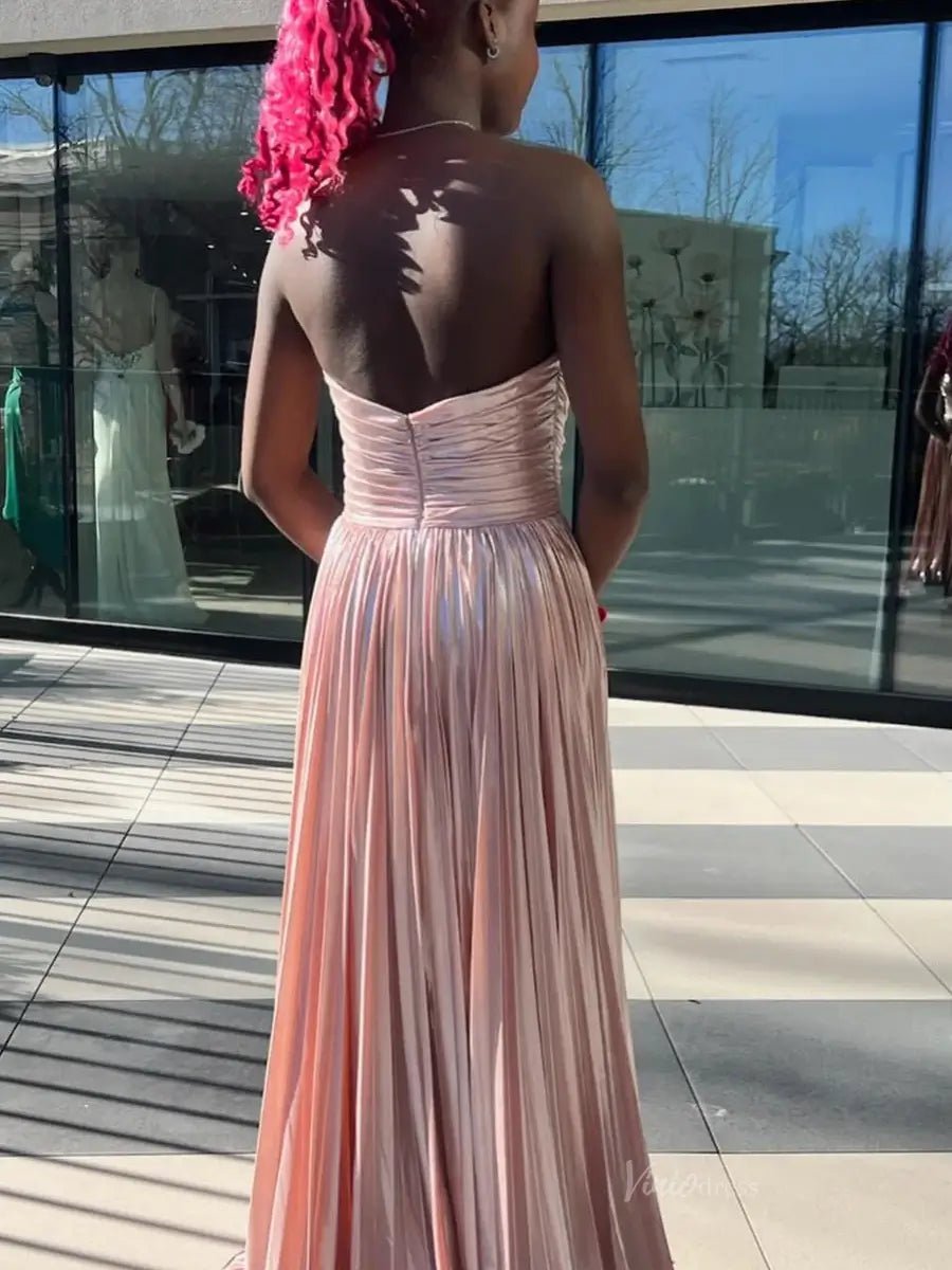 Strapless Sparkly Satin Prom Dresses 2025 Sweetheart Neck Formal Gown with Slit - FD5125 - Viniodressprom dressesPinkCustom Size - Formal Dresses - Ball Gowns