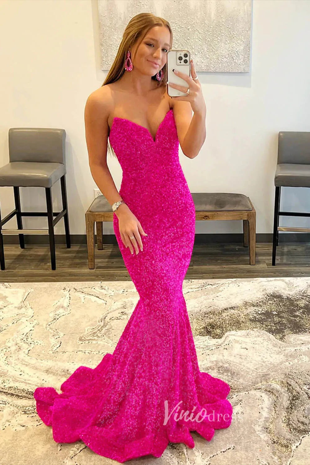 Strapless Sparkly Sequin Mermaid Prom Dresses FD3311-prom dresses 2025 -Viniodress-Fuchsia-Custom Size-