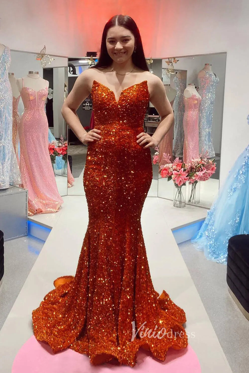 Strapless Sparkly Sequin Mermaid Prom Dresses FD3311-prom dresses 2025 -Viniodress-Orange-Custom Size-