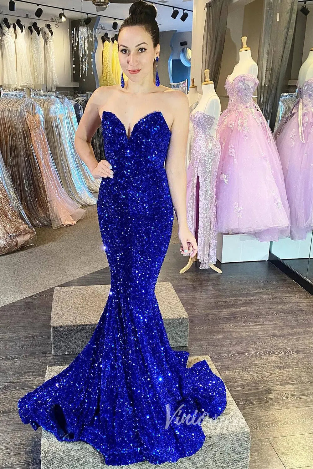 Strapless Sparkly Sequin Mermaid Prom Dresses FD3311-prom dresses 2025 -Viniodress-Royal Blue-Custom Size-