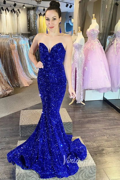 Strapless Sparkly Sequin Mermaid Prom Dresses FD3311-prom dresses 2025 -Viniodress-Royal Blue-Custom Size-