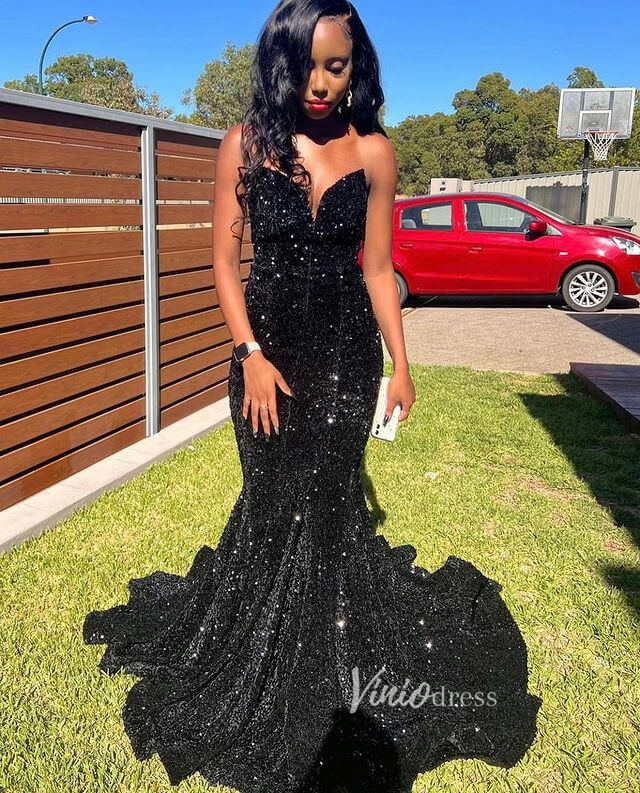 Prom Dress 2025 Strapless Sparkly Sequin Mermaid Prom Dresses FD3311-unique prom dresses-Black-Custom Size-Viniodress