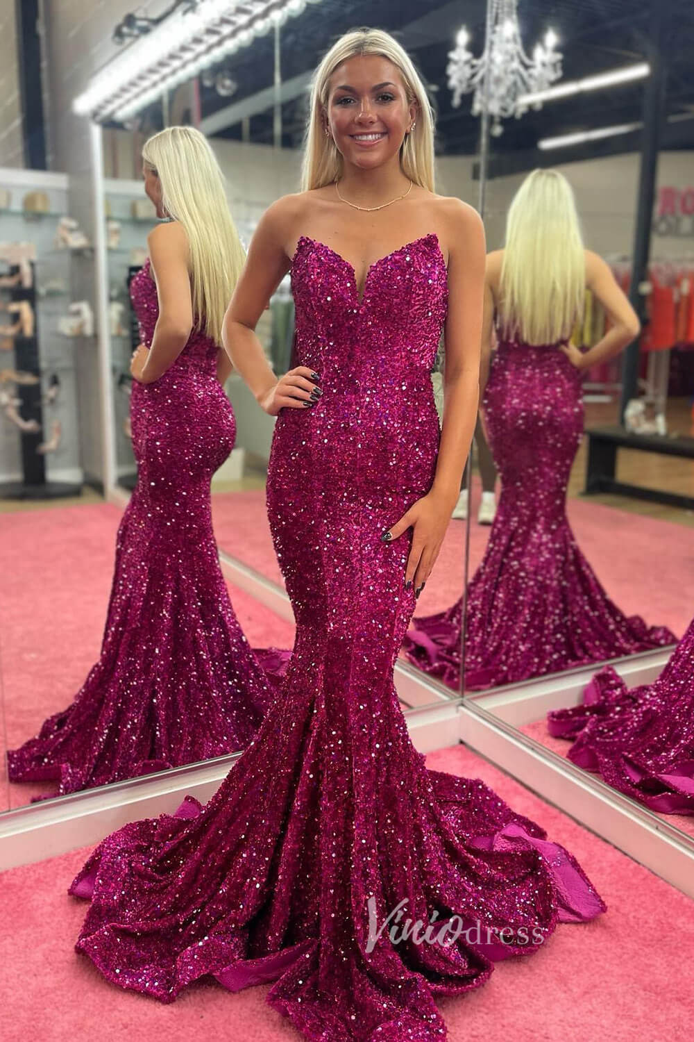 Prom Dress 2025 Strapless Sparkly Sequin Mermaid Prom Dresses FD3311-unique prom dresses-Magenta-Custom Size-Viniodress