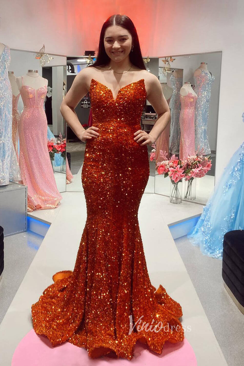 Prom Dress 2025 Strapless Sparkly Sequin Mermaid Prom Dresses FD3311-unique prom dresses-Orange-Custom Size-Viniodress