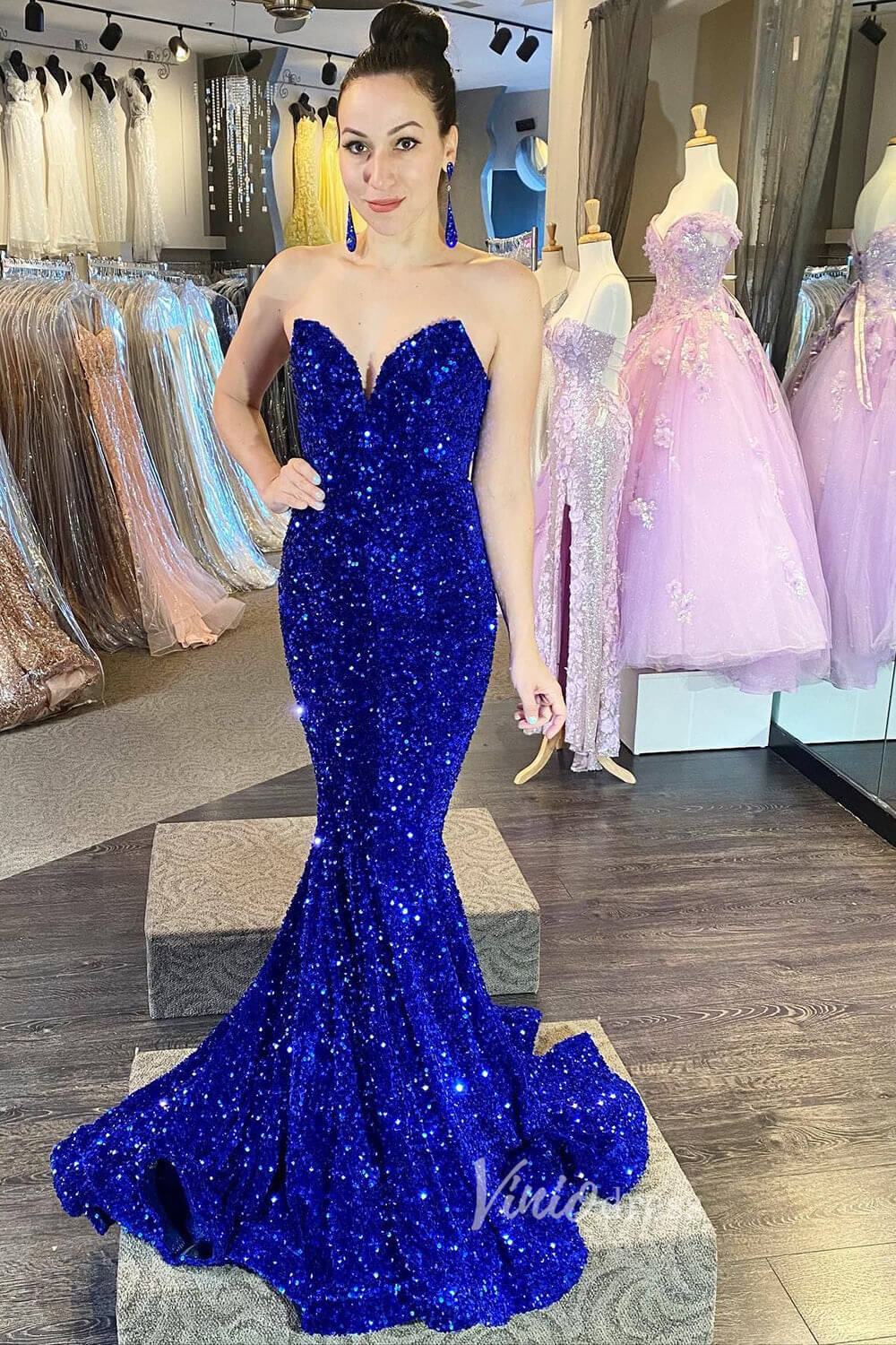 Prom Dress 2025 Strapless Sparkly Sequin Mermaid Prom Dresses FD3311-unique prom dresses-Royal Blue-Custom Size-Viniodress