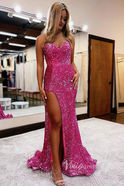 Strapless Sparkly Sequin Mermaid Prom Dresses with Slit FD3010-prom dresses 2025 -Viniodress-Pink-Custom Size-