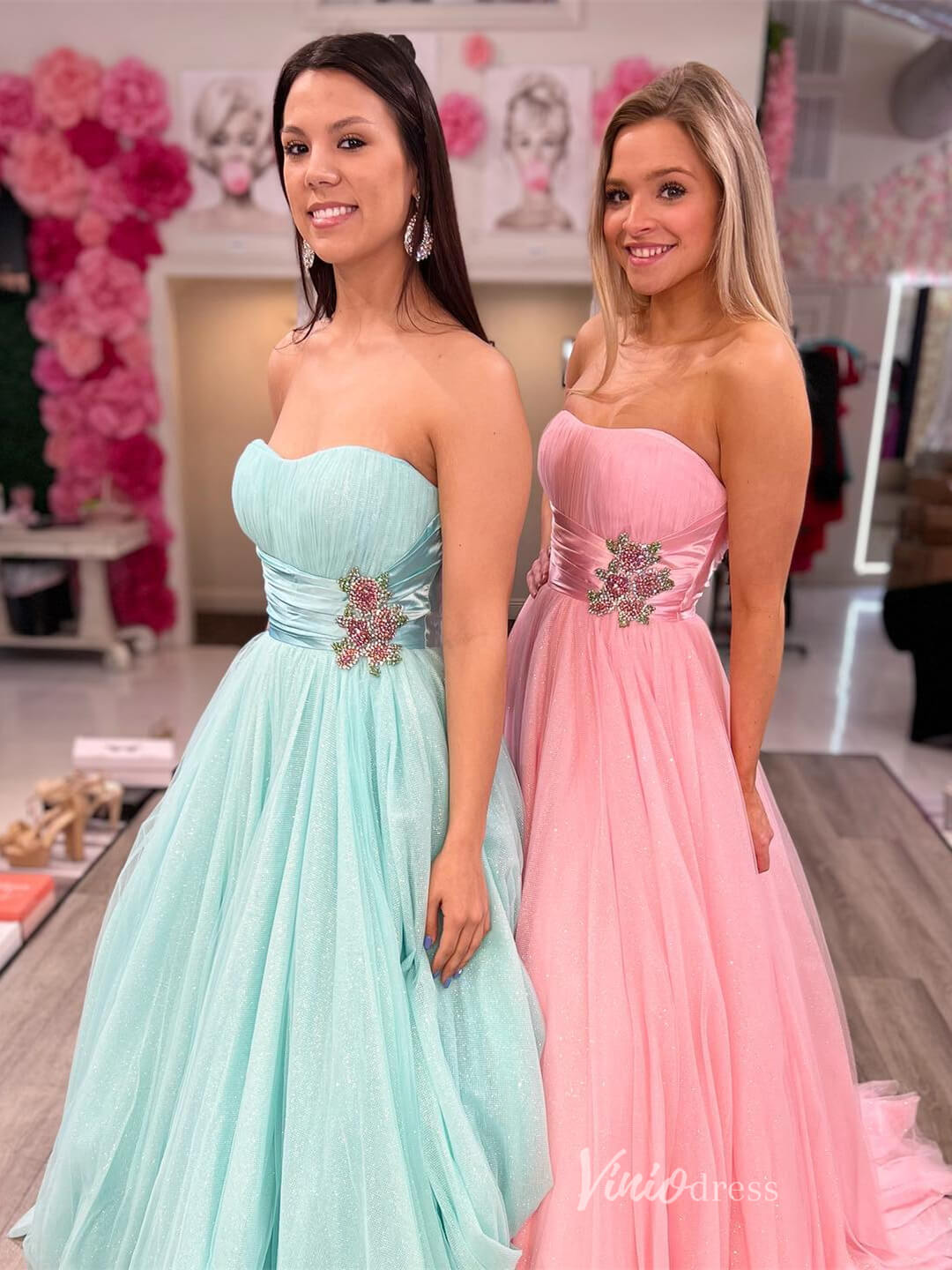 Strapless Sparkly Tulle Prom Dresses Pleated Bodice Beaded Waist FD3975-prom dresses 2025 -Viniodress-Aqua-Custom Size-