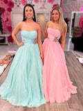 Strapless Sparkly Tulle Prom Dresses Pleated Bodice Beaded Waist FD3975