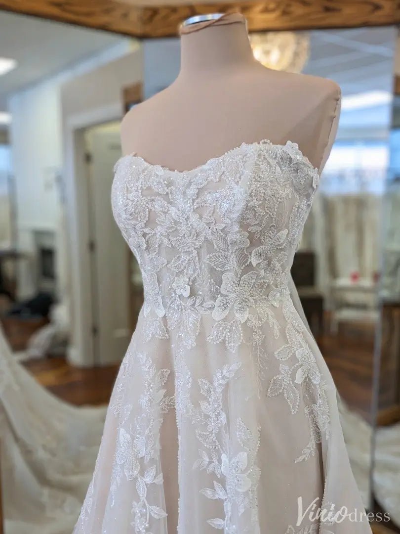 Strapless Sweetheart Lace Tulle Wedding Dress with Floral Appliqué – VW2558-wedding dresses 2025 -Viniodress-Ivory-Custom Size-