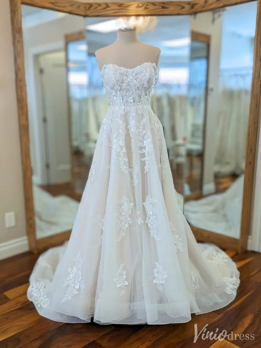 Strapless Sweetheart Lace Tulle Wedding Dress with Floral Appliqué – VW2558-wedding dresses 2025 -Viniodress-Ivory-Custom Size-