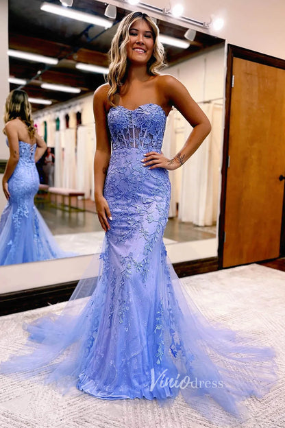 Strapless Sweetheart Long Mermaid Lace Prom Dresses Lace-up Back FD1250M-prom dresses 2025 -Viniodress-Blue-Custom Size-