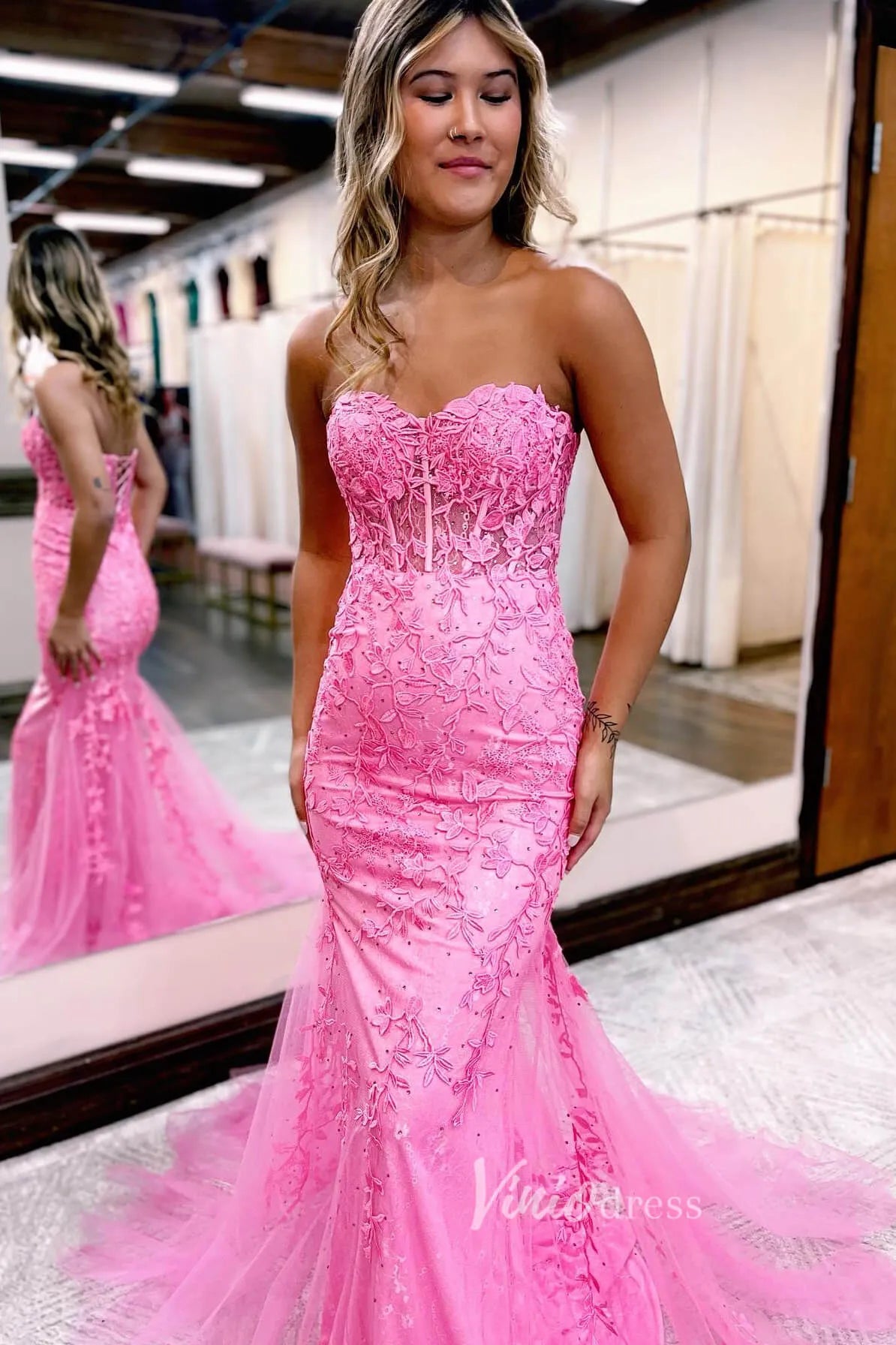 Strapless Sweetheart Long Mermaid Lace Prom Dresses Lace-up Back FD1250M-prom dresses 2025 -Viniodress-Hot Pink-Custom Size-