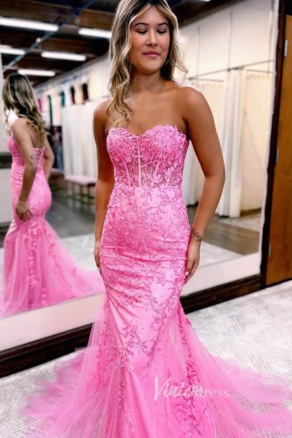 Strapless Sweetheart Long Mermaid Lace Prom Dresses Lace-up Back FD1250M-prom dresses 2025 -Viniodress-Hot Pink-Custom Size-
