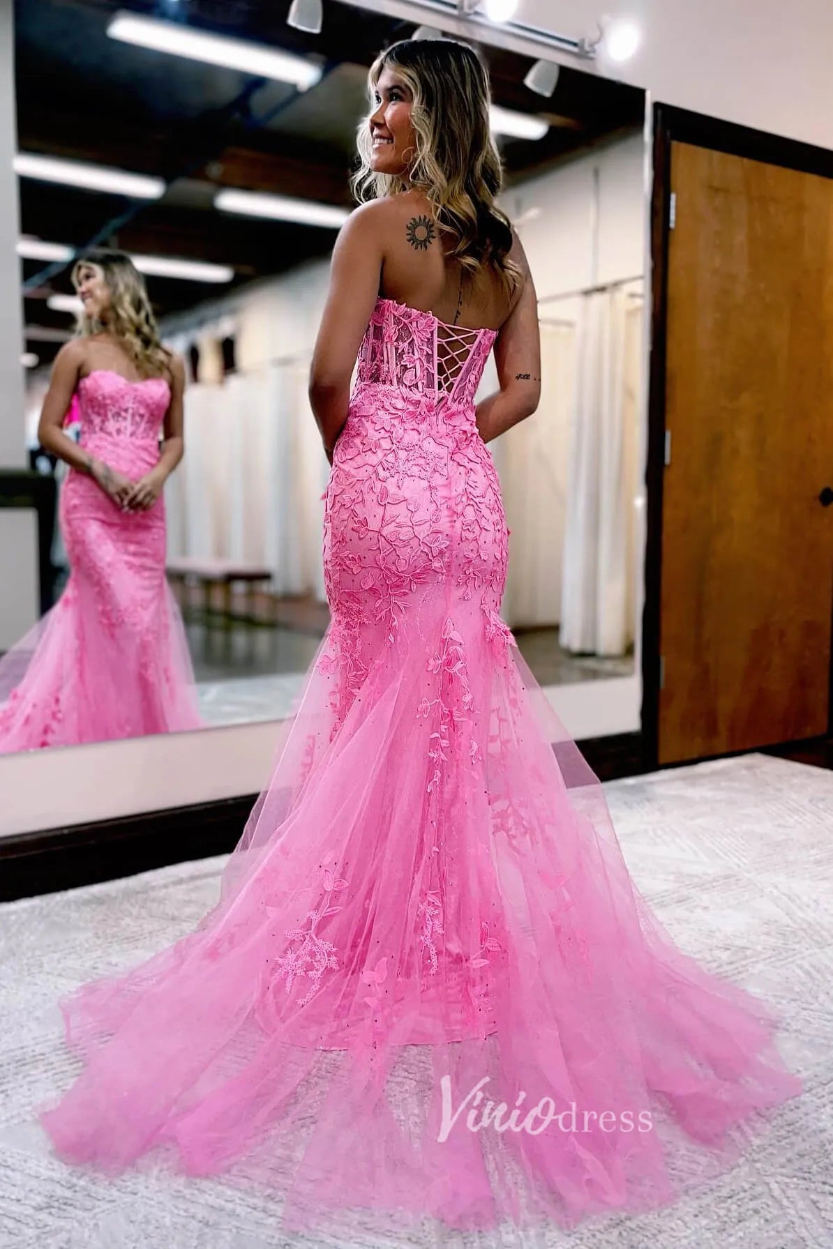 Strapless Sweetheart Long Mermaid Lace Prom Dresses Lace-up Back FD1250M-prom dresses 2025 -Viniodress-Hot Pink-Custom Size-