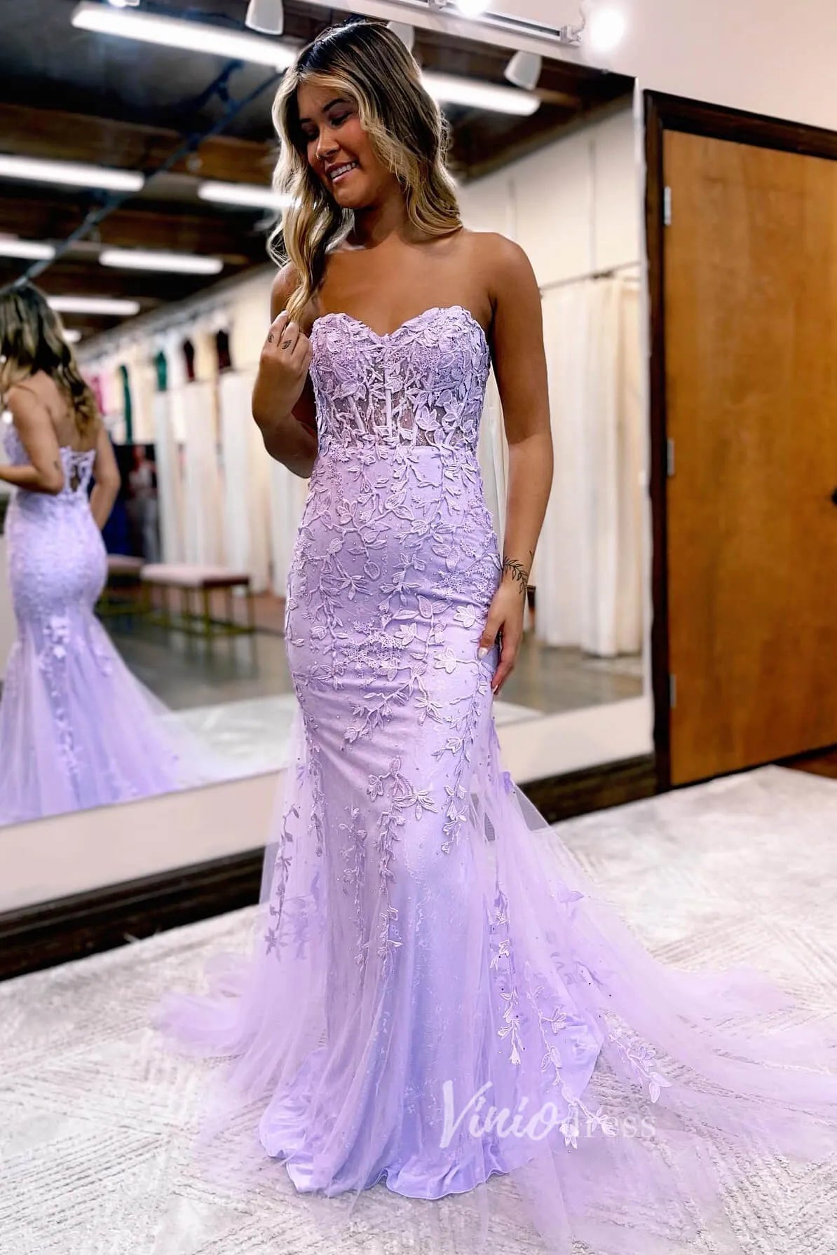 Strapless Sweetheart Long Mermaid Lace Prom Dresses Lace-up Back FD1250M-prom dresses 2025 -Viniodress-Lilac-Custom Size-