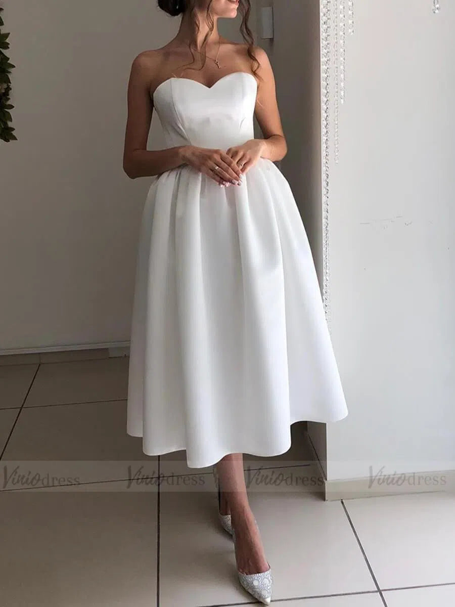 Strapless Tea Length Beach Wedding Dresses Under 200 VW1363-wedding dresses 2025 -Viniodress-Ivory-Custom Size-