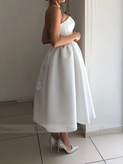 Strapless Tea Length Beach Wedding Dresses Under 200 VW1363-wedding dresses 2025 -Viniodress-Ivory-Custom Size-