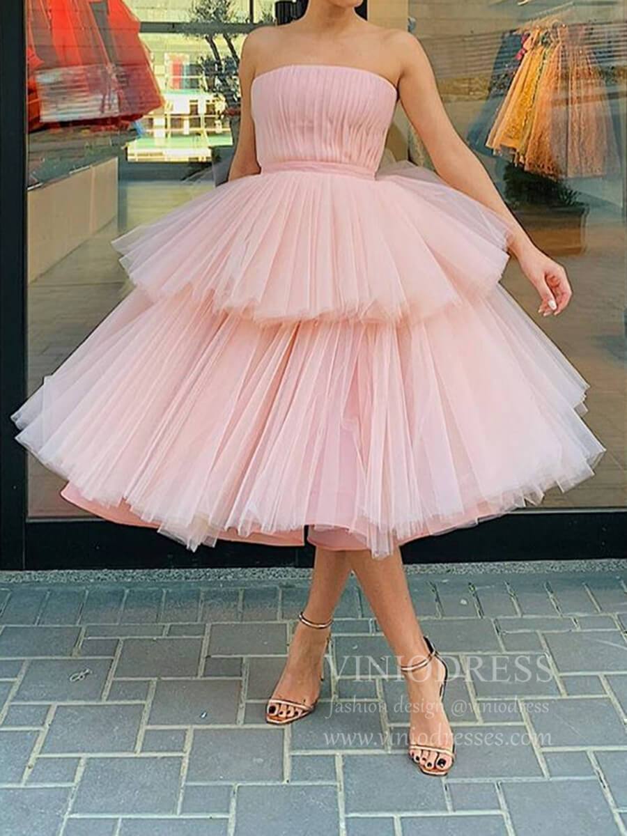 Strapless Tea Length Blush Pink Prom Dresses Layered Tulle Hoco Dress Viniodress Strapless Tea Length Blush Pink Prom Dresses Layered Tulle Hoco Dress Viniodress