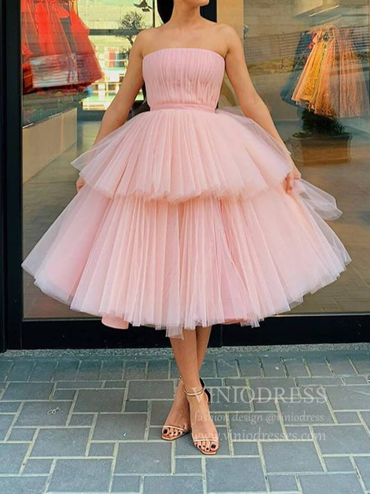 Strapless Tea Length Blush Pink Prom Dresses Layered Tulle Hoco Dress SD1241B-Homecoming Dresses 2025 -Viniodress-Blush Pink-Custom Size-