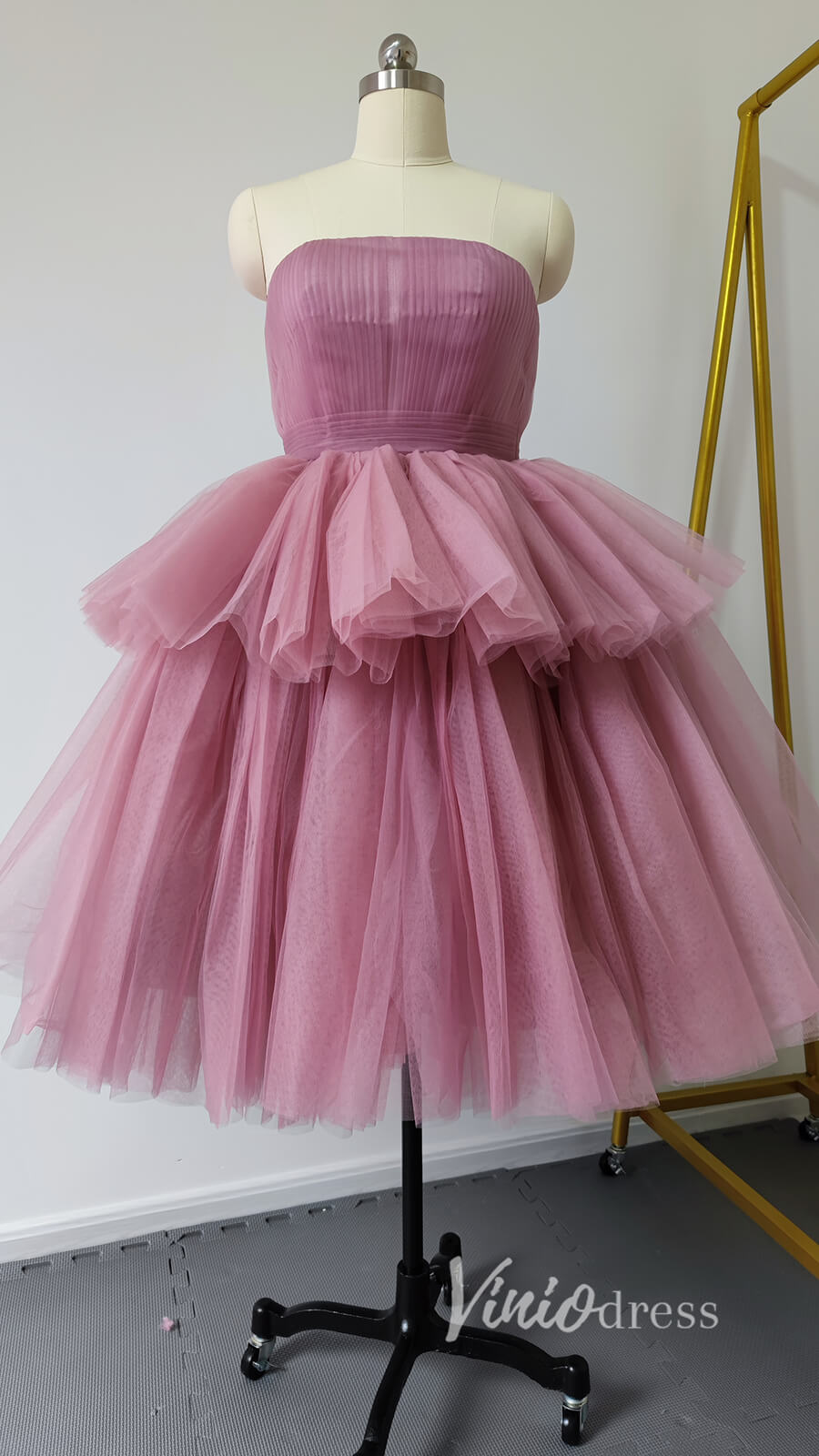 Strapless Tea Length Blush Pink Prom Dresses Layered Tulle Hoco Dress –  Viniodress