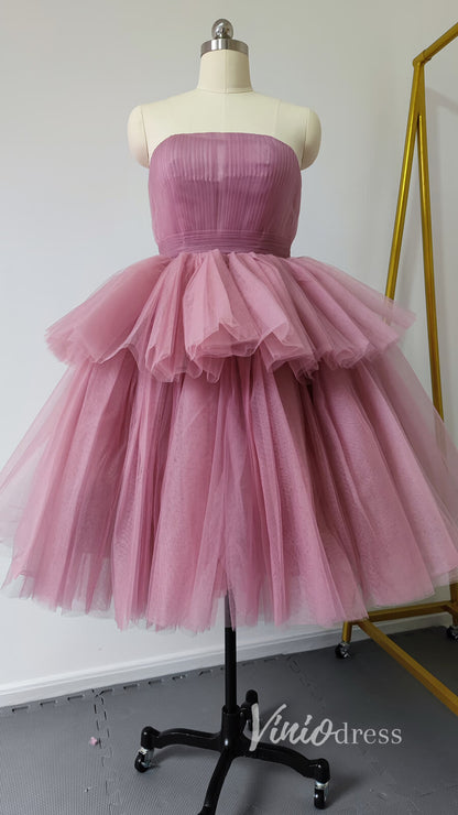 Strapless Tea Length Blush Pink Prom Dresses Layered Tulle Hoco Dress SD1241B-Homecoming Dresses 2025 -Viniodress-Mauve-Custom Size-