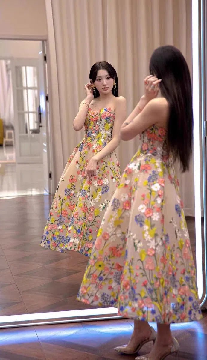 Strapless Tea Length Floral Prom Dresses with Crystals FD1353-prom dresses 2025 -Viniodress-Champagne-Custom Size-