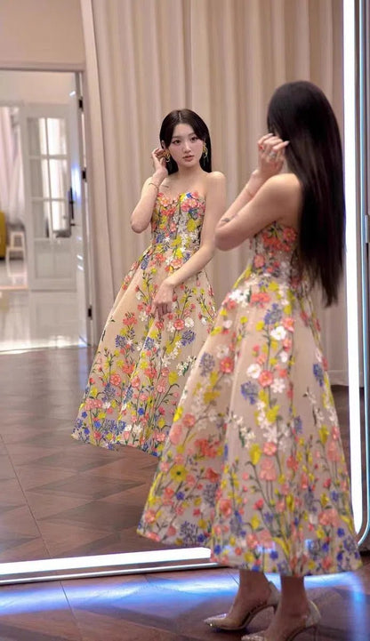 Strapless Tea Length Floral Prom Dresses with Crystals FD1353-prom dresses 2025 -Viniodress-Champagne-Custom Size-