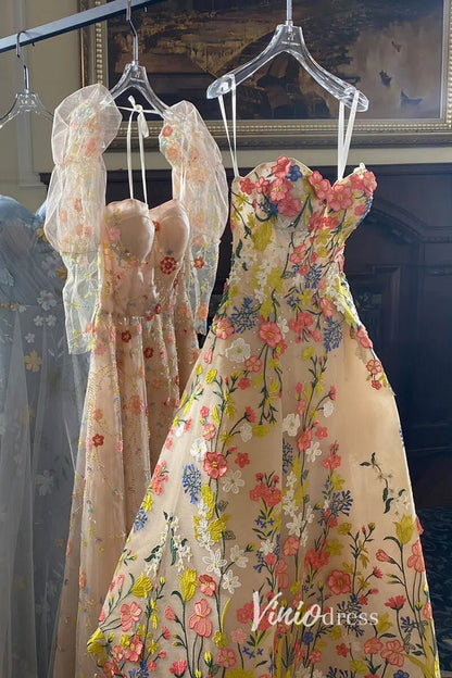 Strapless Tea Length Floral Prom Dresses with Crystals FD1353-prom dresses 2025 -Viniodress-Champagne-Custom Size-