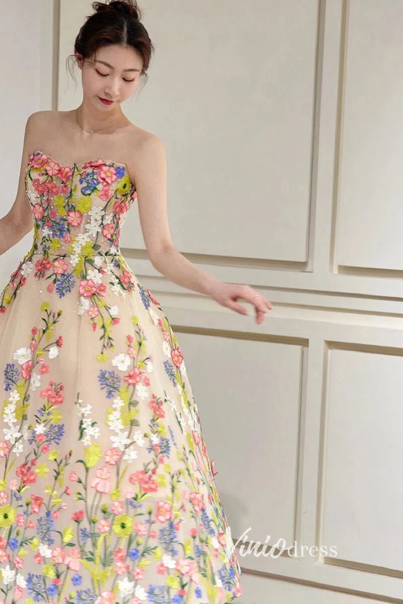 Strapless Tea Length Floral Prom Dresses with Crystals FD1353 - Viniodressprom dressesChampagneCustom Size - Formal Dresses - Ball Gowns