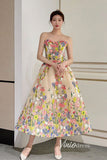 Strapless Tea Length Floral Prom Dresses with Crystals FD1353