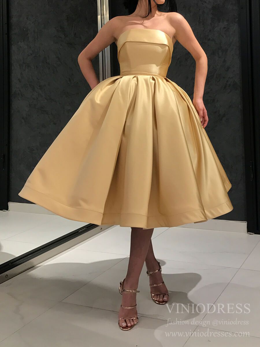 Strapless Tea Length Pink Satin Homecoming Dresses Short Prom Dress SD1291-Homecoming Dresses 2025 -Viniodress-Gold-Custom Size-
