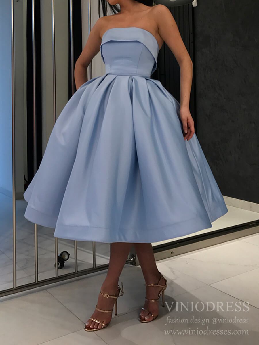 Strapless Tea Length Pink Satin Homecoming Dresses Short Prom Dress SD1291-Homecoming Dresses 2025 -Viniodress-Light Blue-Custom Size-
