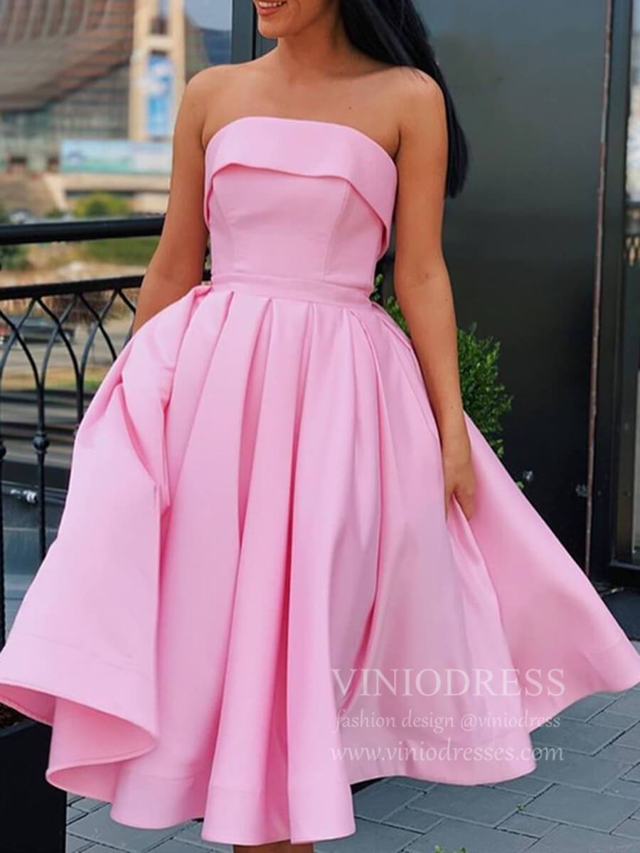 Strapless Tea Length Pink Satin Homecoming Dresses Short Prom Dress SD1291-Homecoming Dresses 2025 -Viniodress-Pink-US 4-