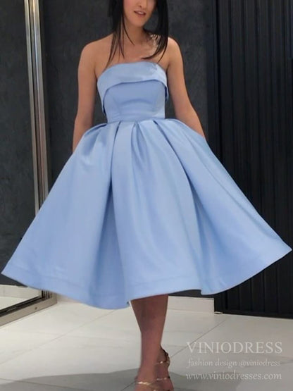 Strapless Tea Length Pink Satin Homecoming Dresses Short Prom Dress SD1291-Homecoming Dresses 2025 -Viniodress-Royal Blue-Custom Size-