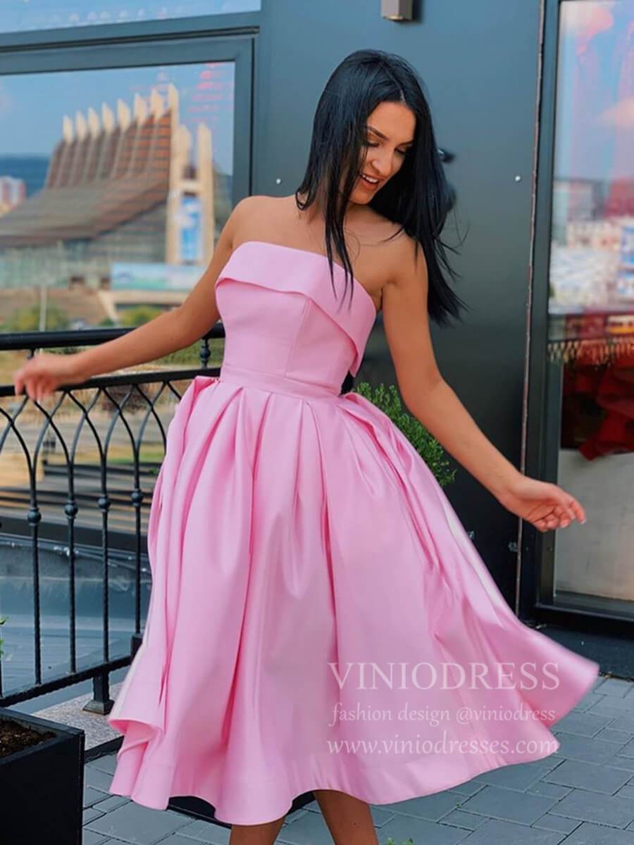 Strapless Tea Length Pink Satin Homecoming Dresses Short Prom Dress SD1291-Homecoming Dresses 2025 -Viniodress-Royal Blue-Custom Size-