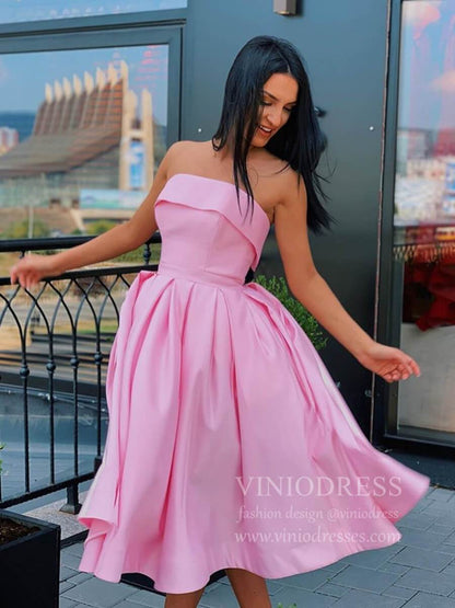 Strapless Tea Length Pink Satin Homecoming Dresses Short Prom Dress SD1291-Homecoming Dresses 2025 -Viniodress-Royal Blue-Custom Size-