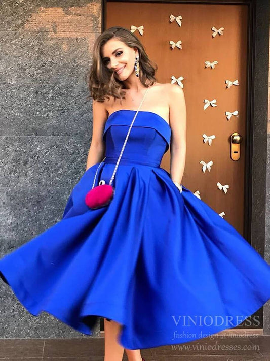 Strapless Tea Length Pink Satin Homecoming Dresses Short Prom Dress SD1291-Homecoming Dresses 2025 -Viniodress-Royal Blue-Custom Size-