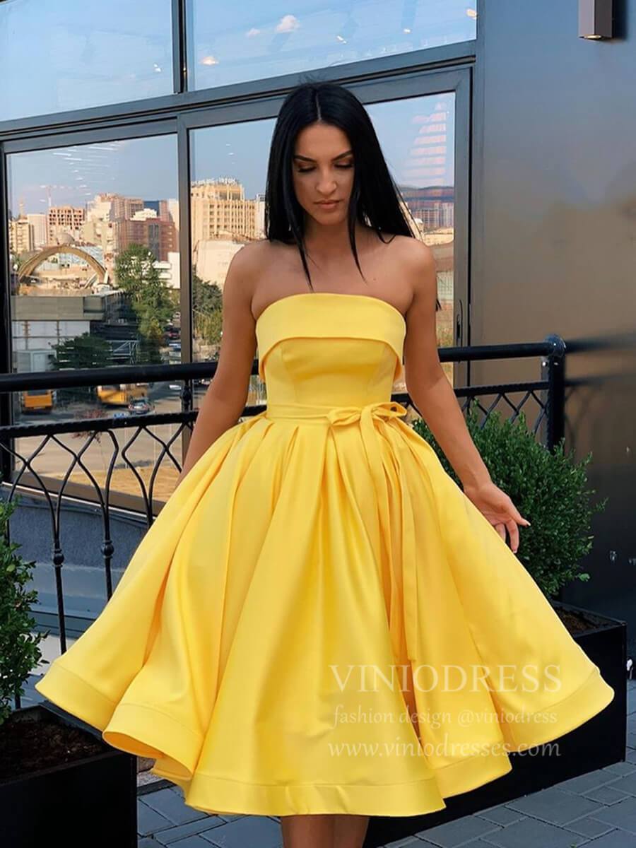 Strapless Tea Length Pink Satin Homecoming Dresses Short Prom Dress SD1291-Homecoming Dresses 2025 -Viniodress-Yellow-Custom Size-