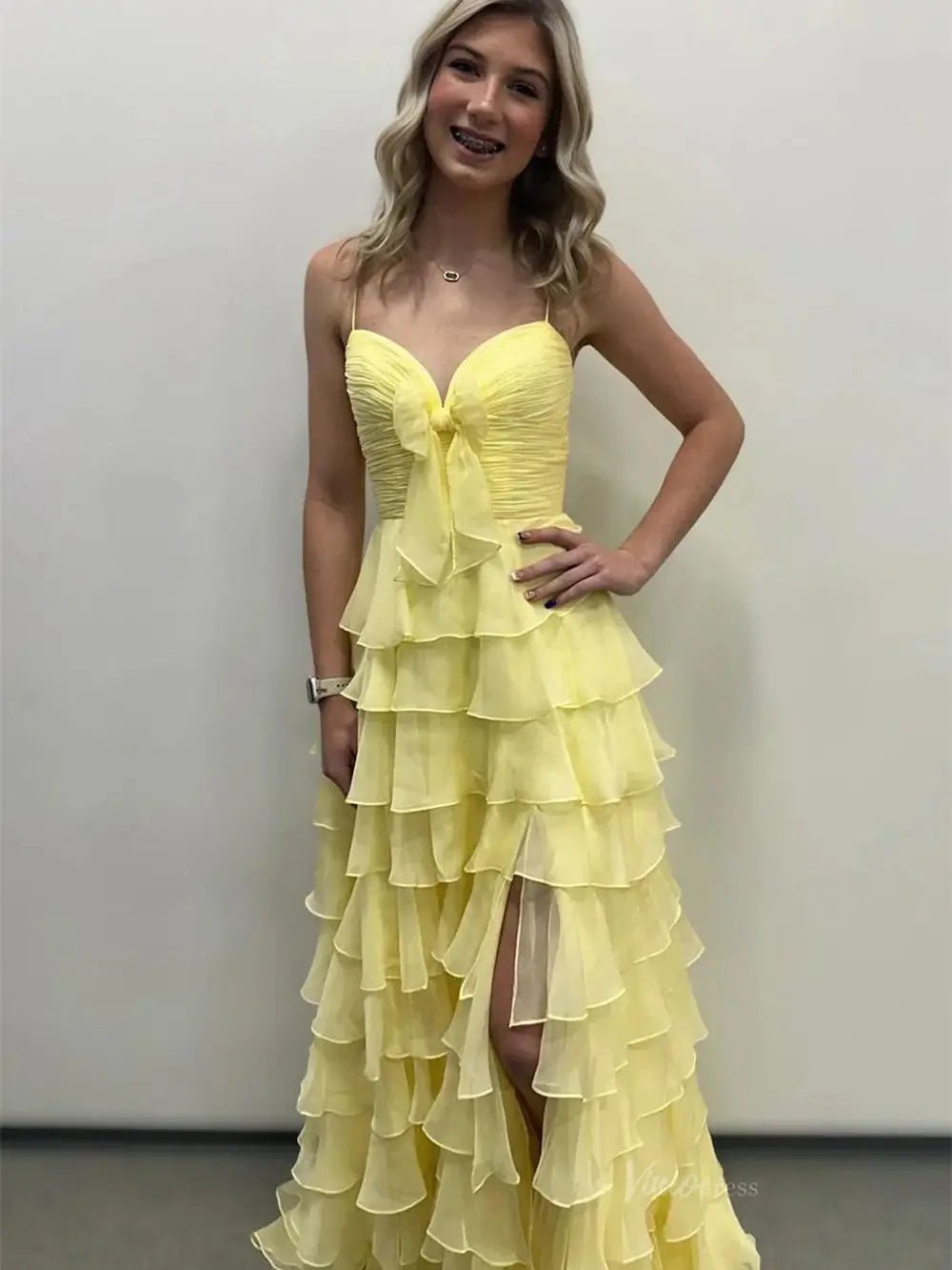 Strapless Tiered Chiffon Prom Dresses with Slit & Sweetheart Neck Pleated Bodice - FD3754-prom dresses 2025 -Viniodress-Yellow-Custom Size-