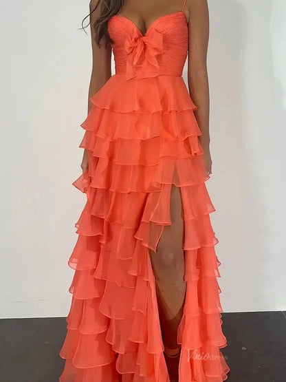 Strapless Tiered Chiffon Prom Dresses with Slit & Sweetheart Neck Pleated Bodice - FD3754-prom dresses 2025 -Viniodress-Orange-Custom Size-