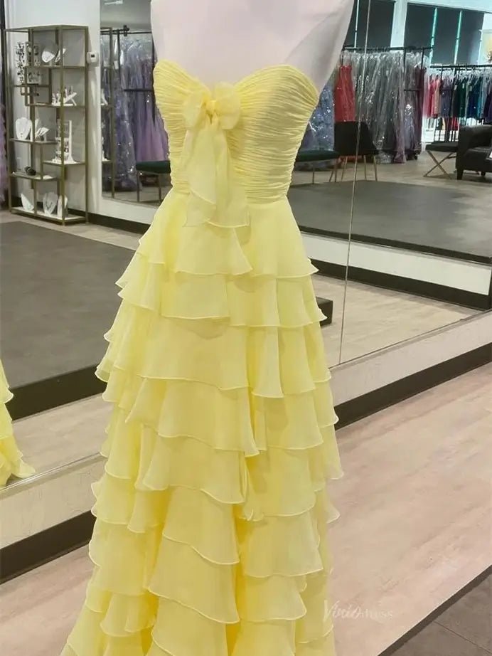 Strapless Tiered Chiffon Prom Dresses with Slit & Sweetheart Neck Pleated Bodice - FD3754 - Viniodressprom dressesYellowCustom Size - Formal Dresses - Ball Gowns