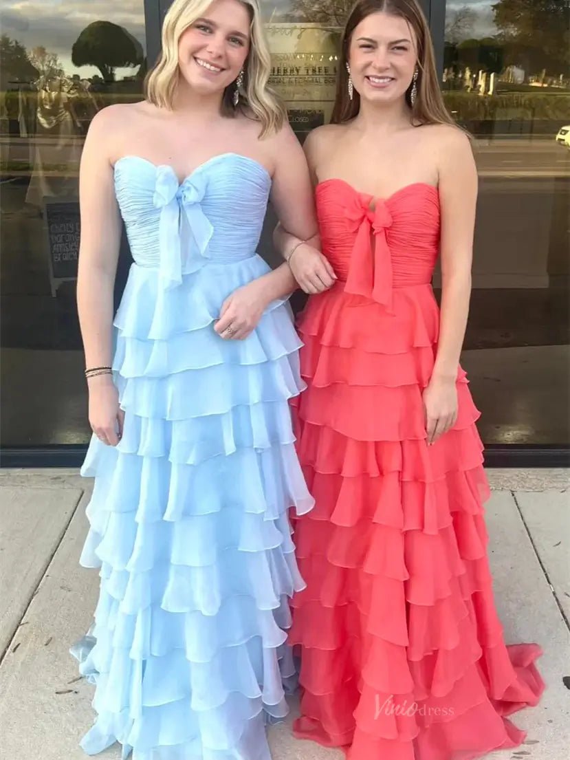 Strapless Tiered Chiffon Prom Dresses with Slit & Sweetheart Neck Pleated Bodice - FD3754-prom dresses 2025 -Viniodress-Watermelon Red-Custom Size-