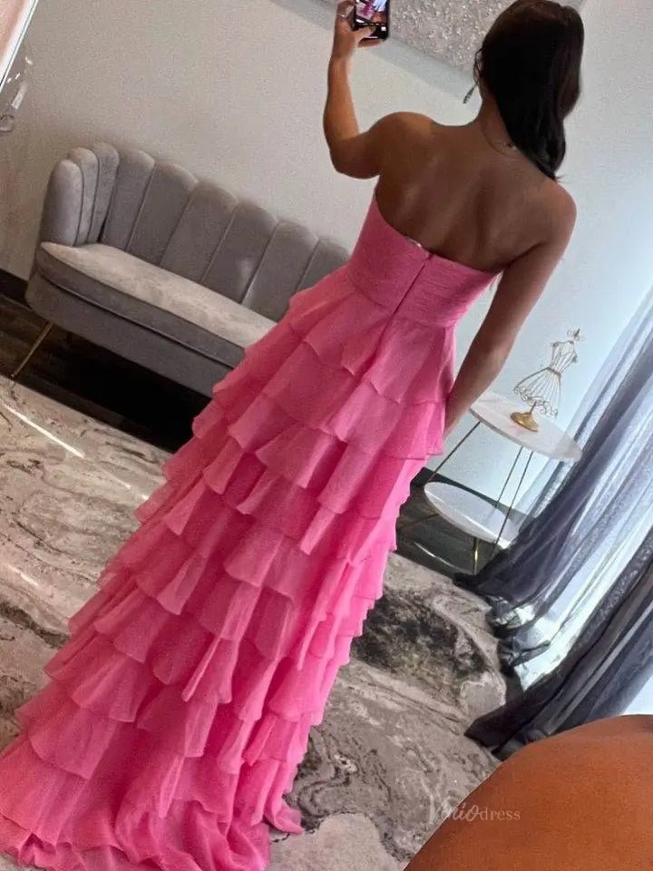 Strapless Tiered Chiffon Prom Dresses with Slit & Sweetheart Neck Pleated Bodice - FD3754-prom dresses 2025 -Viniodress-Pink-Custom Size-