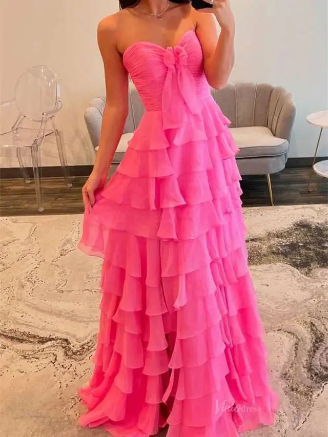 Strapless Tiered Chiffon Prom Dresses with Slit & Sweetheart Neck Pleated Bodice - FD3754-prom dresses 2025 -Viniodress-Pink-Custom Size-