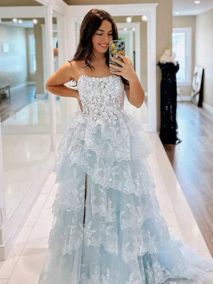 Strapless Tiered Prom Dresses with Slit Lace Applique Formal Dresses - FD3636s-prom dresses 2025 -Viniodress-Light Blue-Custom Size-