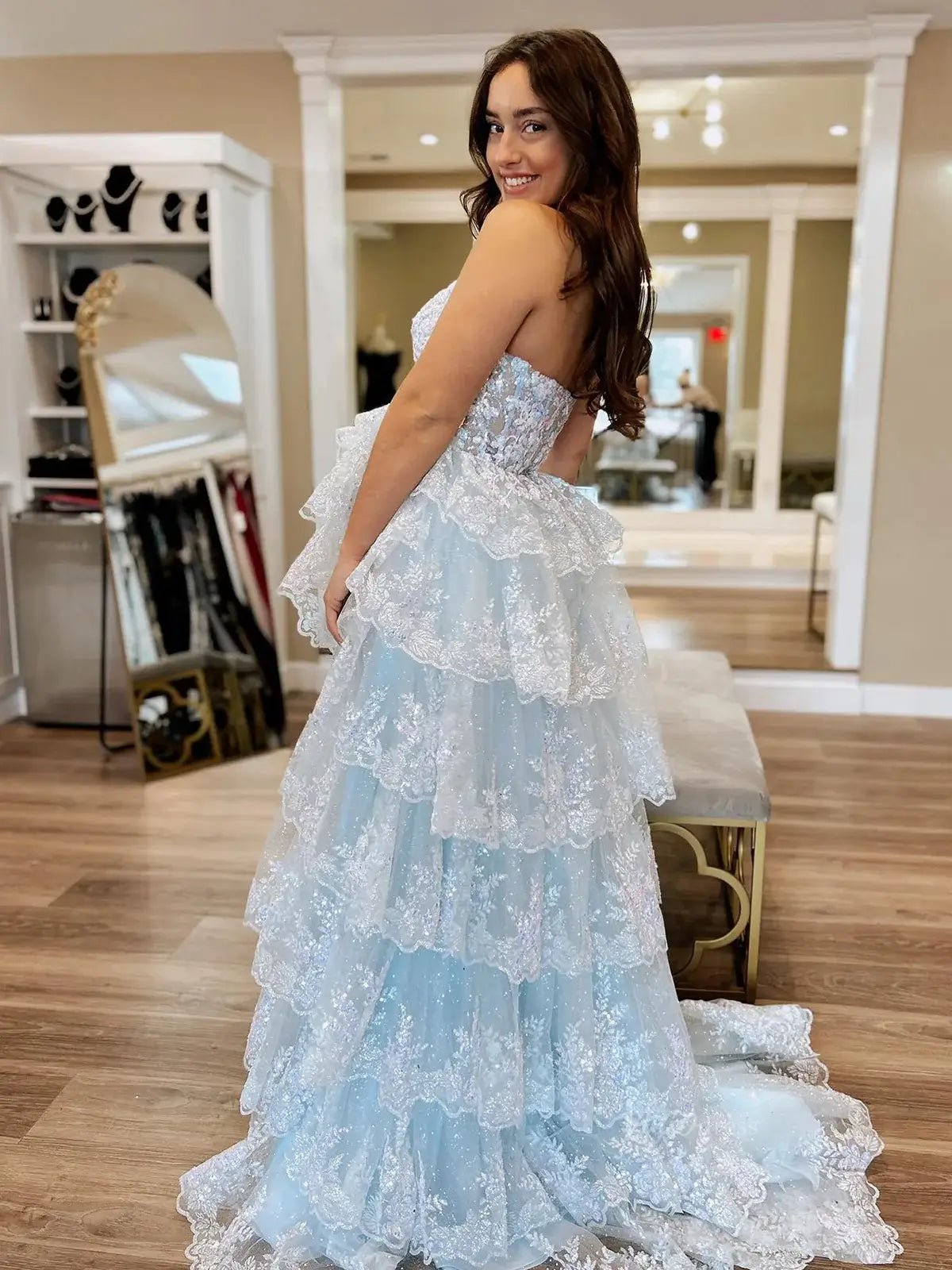 Strapless Tiered Prom Dresses with Slit Lace Applique Formal Dresses - Viniodress Strapless Tiered Prom Dresses with Slit Lace Applique Formal Dresses - Viniodress